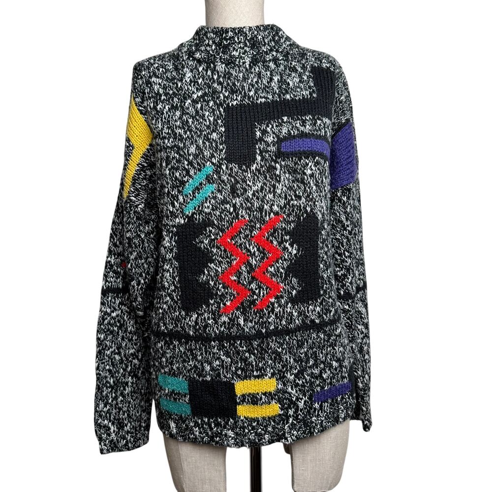 Vintage 80s Memphis Graphic Sweater Black White Medium Thoroughbreds by Pronto